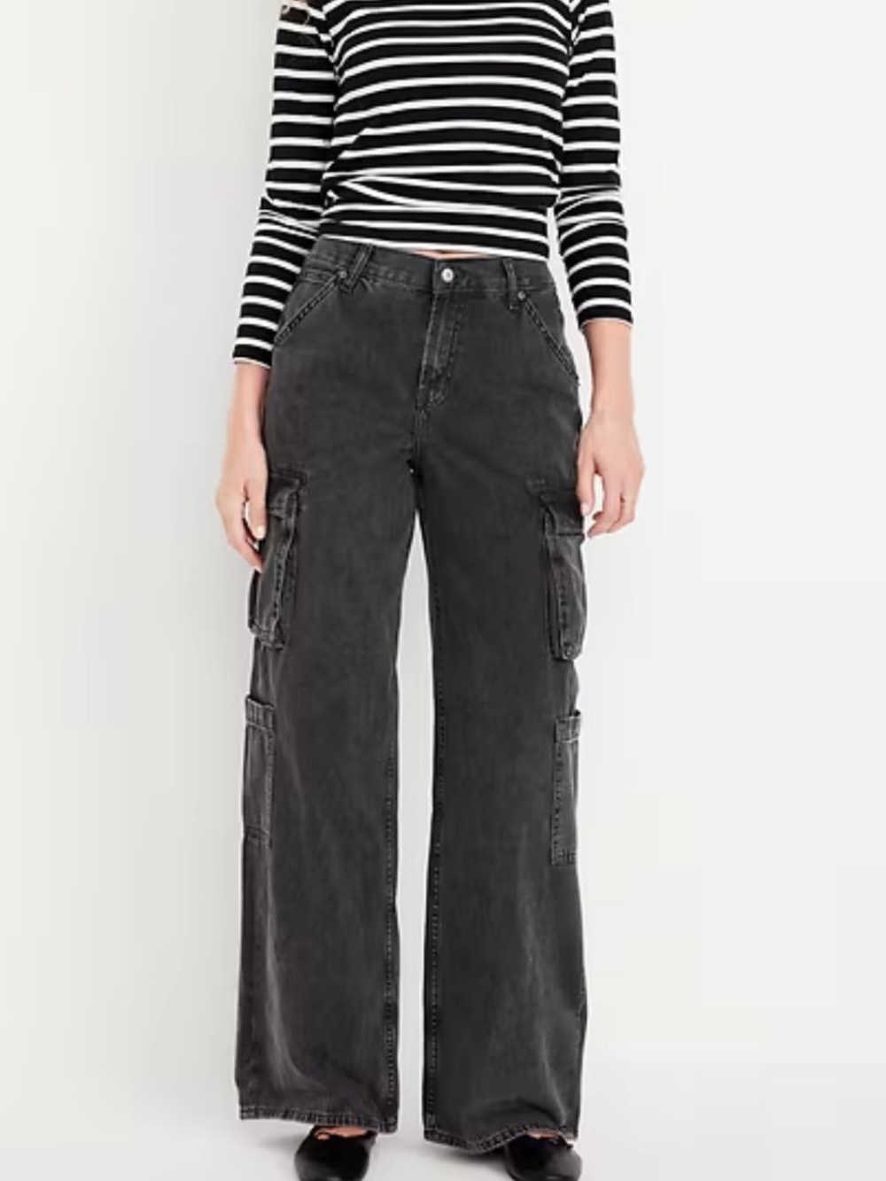 Old Navy Baggy Wide Leg Cargo Jeans Mid-Rise Faded Black Drapey Denim Pants-Sz 6